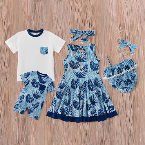 Fashion Blue Leaves Printing Mom And Me Bodysuits Bodysuit Outfit Outfits 983041