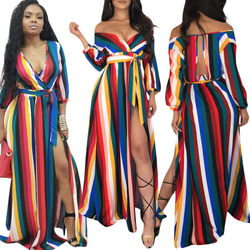 Fashion Striped Women Long Sleeve Sexy Dress Dresses S3392103