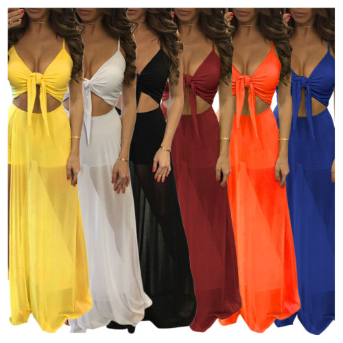 Summer Solid Color V Neck Bandage Women Sexy Dresses S31645-01