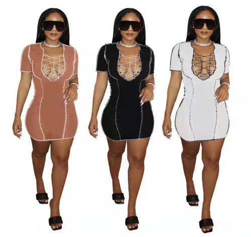 BK21Q0163748 Women Short Sleeve V Neck Bandage Club Dresses L603243