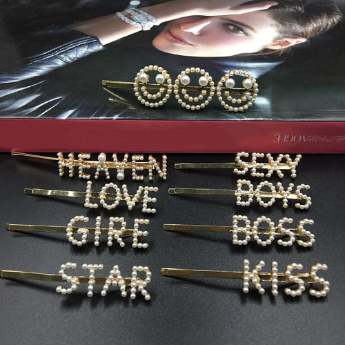 Fashion Women Pearl Crystal Rhinestone Letter Hairpin Hairpins 708192