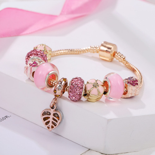 Women Sweet Pink Glass Crystal Beads Flower Charm Bracelets S07182