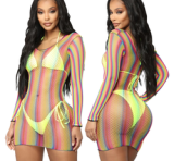 Long Sleeve Beach Print Mesh Transparent Dress Dresses SMR995768