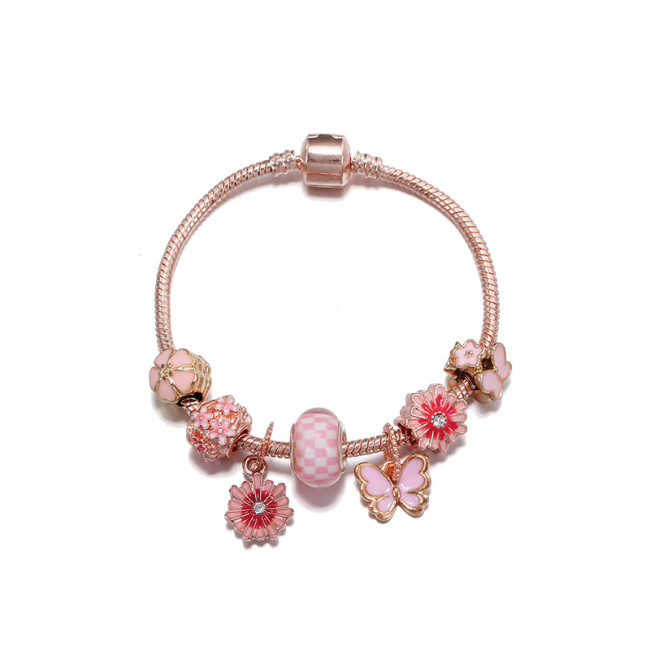 Women Sweet Pink Daisy Flower And Butterfly Charms Bracelets S04354