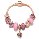 Women Sweet Pink Glass Crystal Beads Flower Charm Bracelets S07182