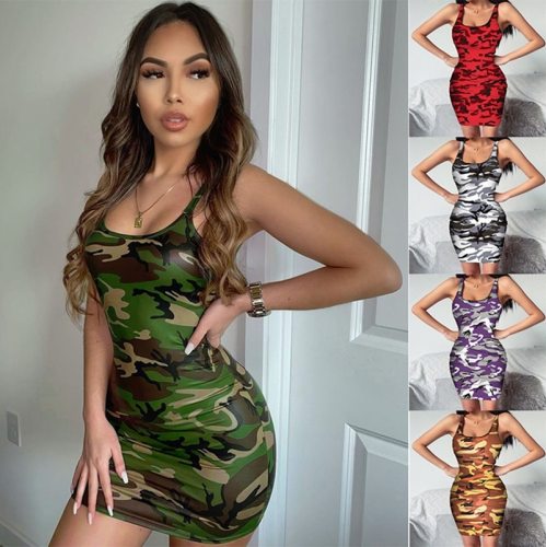 Women Camouflage Print Sexy Bodycon Mini Dress Strap Dresses AL884253