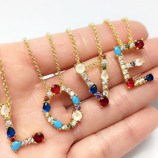 Brass Rainbow Zircon Letter 18K Necklace Necklaces nkp2536