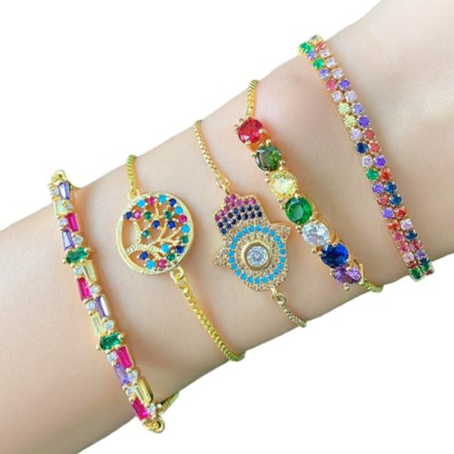 Women Hand Life Tree Gold Silver Color Chain CZ Paved Rainbow Bracelets brb5768