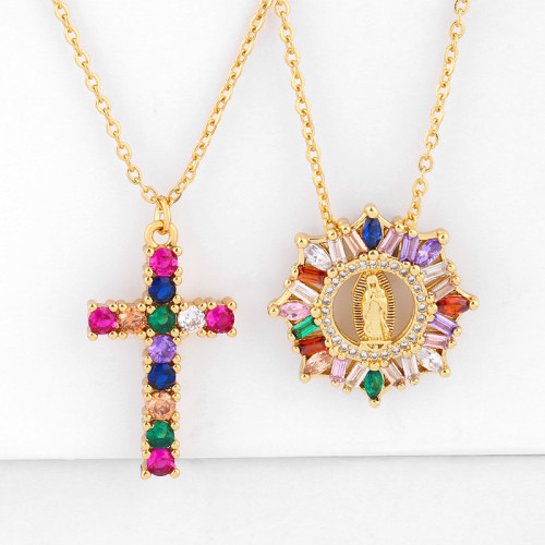 Women Cross Virgin Mary Rainbow Religious Pendant Necklaces nkq1627