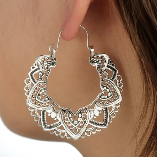 Women Vintage Antique Silver Color Carving  Drop Earrings 431324