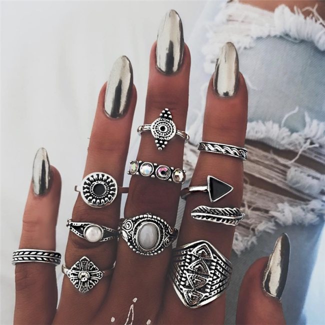 Women 10Pcs/Pack Vintage Stone Lucky Stackable Finger Rings 484657