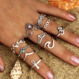 Women 10 Pcs Hollow Out Crystal V Shape Flower Finger Rings 422738