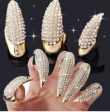 Women Punk Rock Full Rhinestone Crystal Long Large Cat Claw Nail Finger Rings JZ04859