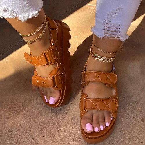 Women's Thick Bottom Hook Loop Summer Solid Color Fashion PU Sandals 66879