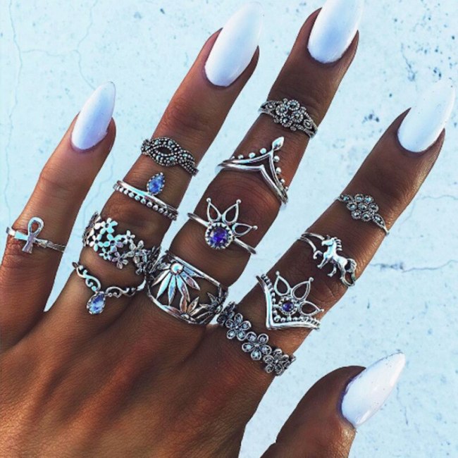 Women 13pcs / lot Bohemian Mixed Horse Flower Sunflower Blue Crystal Finger Rings sku484152