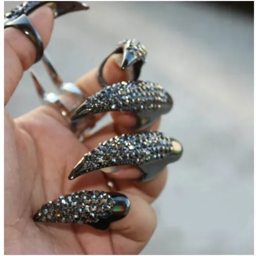 Women Punk Rock Full Rhinestone Crystal Long Large Cat Claw Nail Finger Rings JZ04859