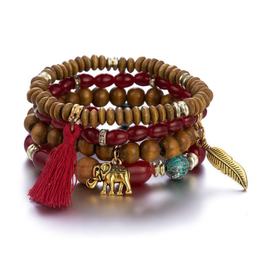 Women Antique Gold Tassel Acrylic Wood Bead Elephant and Feather Charm Bracelets B-000617