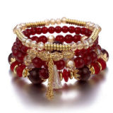 Women Sliver Colored Beads Tassels Stainless Adjustable Bracelet Bracelets B-003849