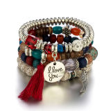 Women Sliver Colored Beads Tassels Stainless Adjustable Bracelet Bracelets B-003849