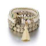 Women Sliver Colored Beads Tassels Stainless Adjustable Bracelet Bracelets B-003849