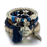 Women Sliver Colored Beads Tassels Stainless Adjustable Bracelet Bracelets B-003849