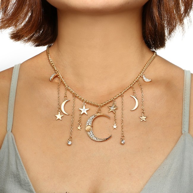 Women Star and Moon Tassel Pendant Chain Necklaces 410516