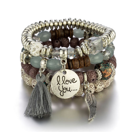 Women Sliver Colored Beads Tassels Stainless Adjustable Bracelet Bracelets B-003849