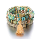 Women Sliver Colored Beads Tassels Stainless Adjustable Bracelet Bracelets B-003849