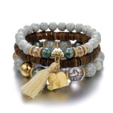 Women Ethnic Style Temperament Crystal Wood Beads Beaded Bracelet Set B-001627
