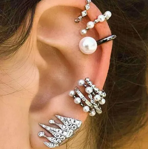 9 Piece/Set Crown Ear Cuff Simulated Pearl Crystal Rhinestone Ear Clip Earrings 456475