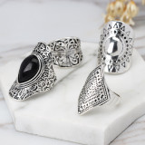 Women 4 Pcs/set Vintage Ethnic Black Resin Beads Water Drop Finger Rings 364051