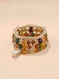 Women Sliver Colored Beads Tassels Stainless Adjustable Bracelet Bracelets B-003849