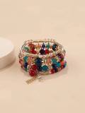 Women Sliver Colored Beads Tassels Stainless Adjustable Bracelet Bracelets B-003849