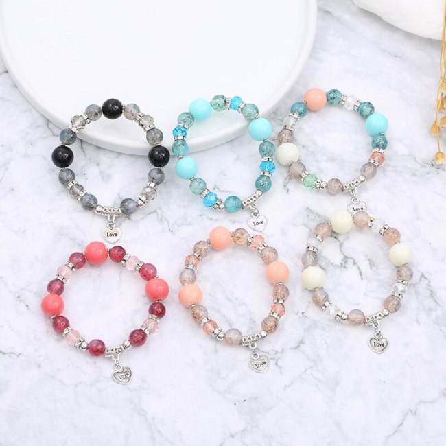 Women Vintage Handmade Love Letter Glass Crystal Charm Stretch Bracelets B-006475