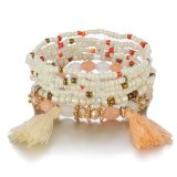 Women Bohemian Wrap Charm Tassel Pendant Elastic Acrylic Bead Bracelets B-004758
