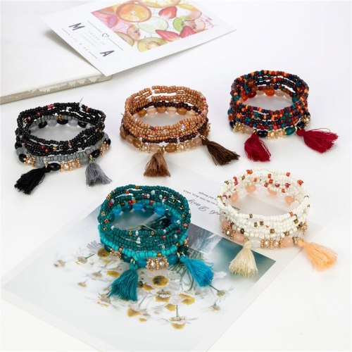 Women Bohemian Wrap Charm Tassel Pendant Elastic Acrylic Bead Bracelets B-004758