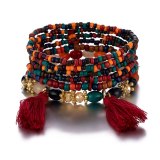 Women Bohemian Wrap Charm Tassel Pendant Elastic Acrylic Bead Bracelets B-004758