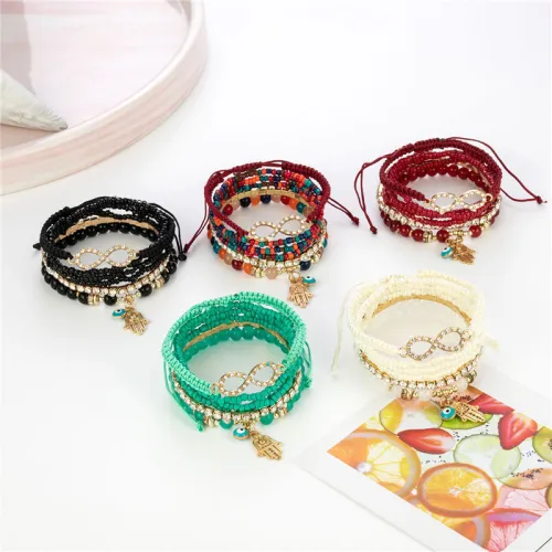 Women Ethnic Multilayer Bohemian Hand Evil Eyes Charms Bracelets B-005364