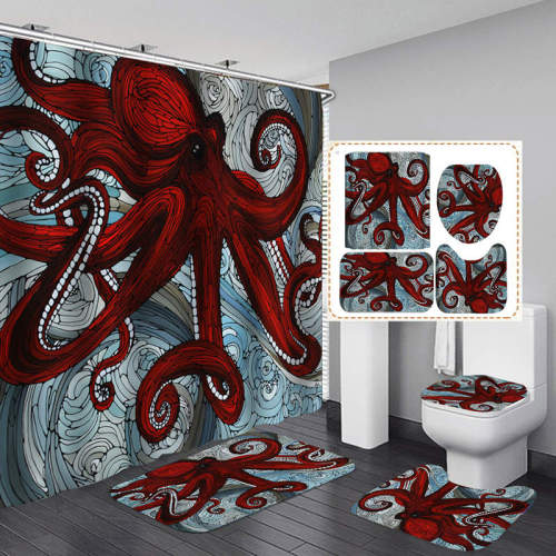 Red Octopus Polyester Fabric Bathroom Hanging Curtain Toliet Covers  yxyl2019003748