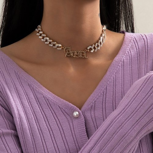 Women Gold Color Metal Angel Full Rhinestone Choker Necklaces C02891102