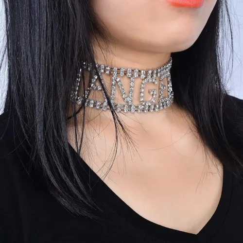 Sexy Women Shiny Rhinestone Letter Angel Choker Necklaces C141223