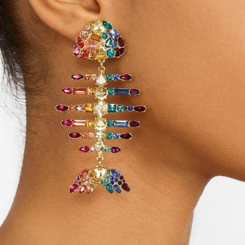 Rhinestones Metal Fishbone Shaped Drop Earrings EH1006576