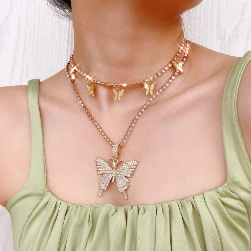 Tennis Chain Multilayer Butterfly Pendant Necklaces X080516