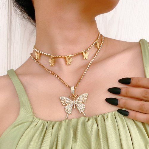 Tennis Chain Multilayer Butterfly Pendant Necklaces X080516