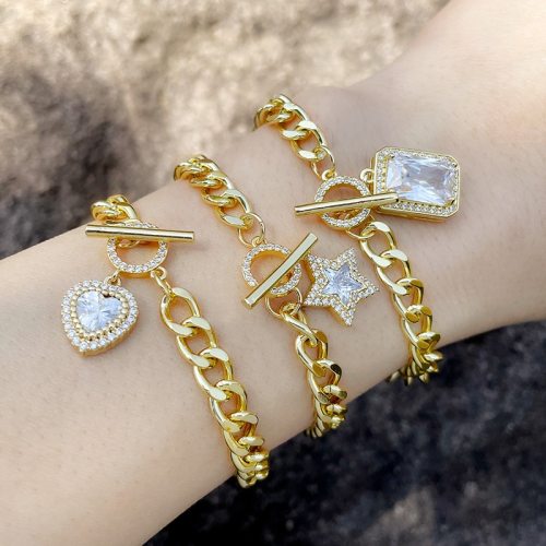 Women Gold Curb Link Chain Star Heart Charms Bracelets brc91102