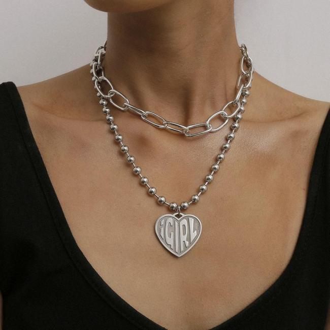 Letter Peach Heart Hip Hop Cross Chain Double Layer Necklaces X0395106