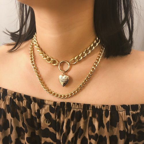 Women Big Thick Chain Round Hollow Punk Metal Heart Choker Necklaces C234051