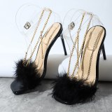Women Sexy Fur Square Toe Chain High Heels Sandals 1412-29310