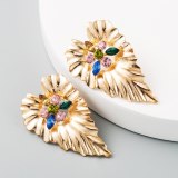 Women Gold Alloy Colorful Heart Rhinestone Leaf Shape Drop Earrings F118798