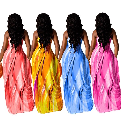 Fashion Women Summer Tie Dye Printing Sleeveless V Neck Dresses CN013041